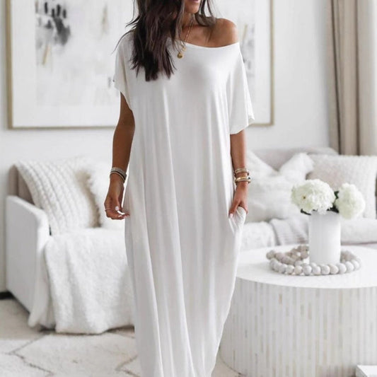 🔥Last Day Promotion 50% OFF✨💃Women's Summer Casual Loose Solid Color Short-Sleeve Long Dress