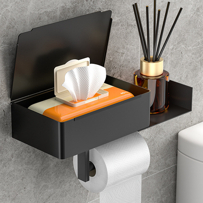 Toilet paper holder with shelf and storage compartment – drill-free installation