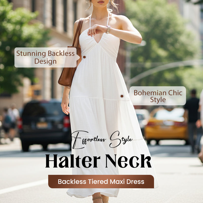👗 🌞 Halter Backless Tiered Maxi – Deep V, Adjustable & Flowy Boho (Bla ...