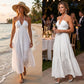 👗 🌞 Halter Backless Tiered Maxi – Deep V, Adjustable & Flowy Boho (Black/White/Yellow) 🏖️
