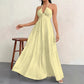 👗 🌞 Halter Backless Tiered Maxi – Deep V, Adjustable & Flowy Boho (Black/White/Yellow) 🏖️