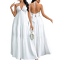 👗 🌞 Halter Backless Tiered Maxi – Deep V, Adjustable & Flowy Boho (Black/White/Yellow) 🏖️
