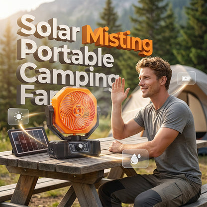 🥳2026 HOT SALE🥳💞50K+ SOLD!🌞⛺ 50% OFF! Solar Portable Misting Fan – Cool mist + wide oscillation + remote control. Solar powered, off‑grid camping comfort. No more sticky summer days! 💨🌀
