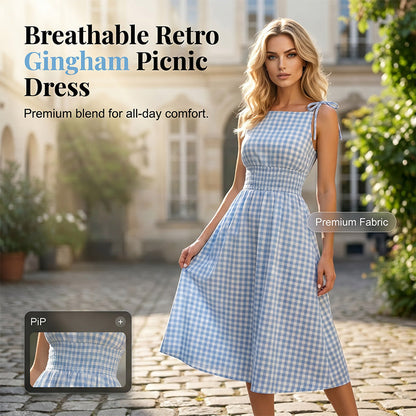👗 LIMITED-TIME 50% OFF! 💥 Women's Retro Sleeveless Gingham Midi Dress – Smocked Bodice, Tie Straps, Breathable ✨