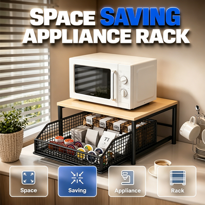 🍳🏠 LIMITED-TIME 50% OFF! 2-Tier Microwave & Coffee Station Organizer – Slide-Out Storage Drawer, Space-Saving Design & Sturdy Iron-Wood Build ✨