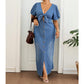 Women's Tie-Front V-Neck Denim Maxi Dress 🌸 Cinched Waist, Flowing Length – A Denim Dream for Sunny Days ✨