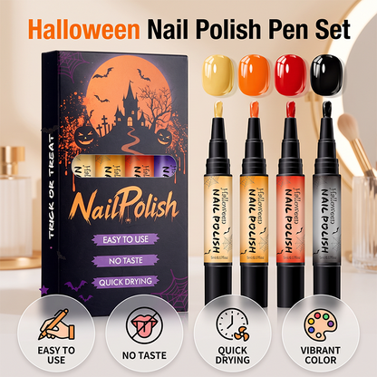 🎃 Halloween Nail Polish Pen Set: Quick-Dry, Odorless, Water-Based, 4 Festive Colors, Pen-Style