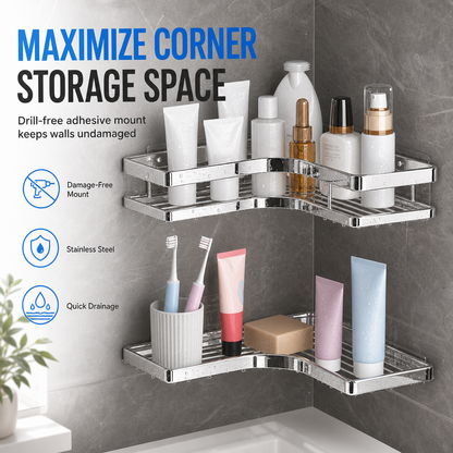 No Drill Bathroom Corner Shelf with 8mm Thickened Flat Bar Triangular Shower Organizer Rack